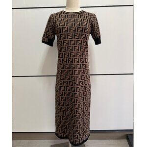 Fendi Brown Zucca Knit Round Neck MIdi Dress